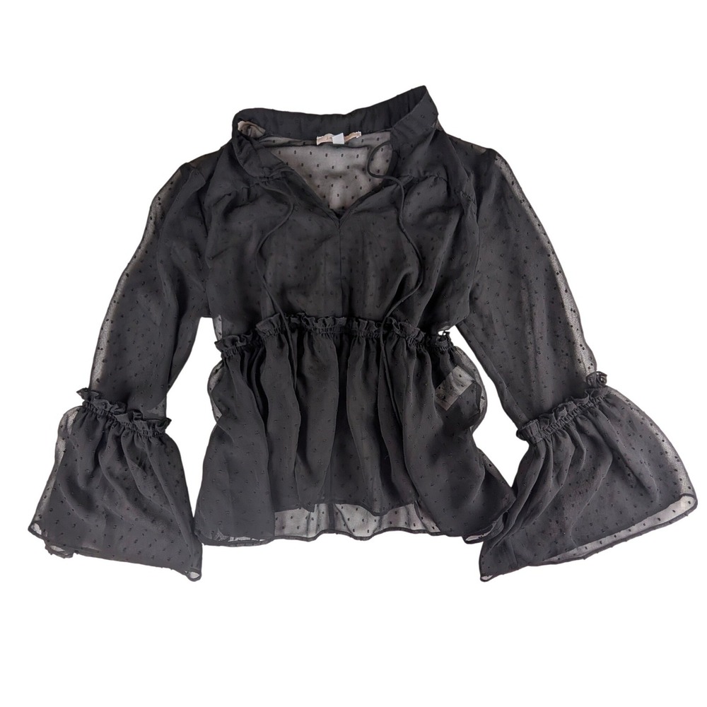 Libby Edelman Black Clip Dot Peplum Blouse Bell Sleeve Sheer Top Womens Large